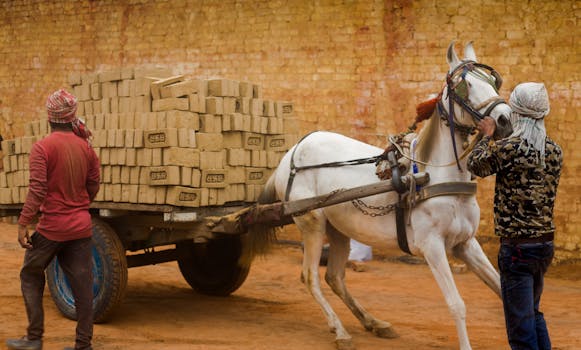 A white horse pulls a heavy cart loaded with bricks on a street, guided by two men.